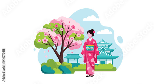 Japanese woman in traditional kimono standing under blooming cherry blossom tree near pagoda temple, serene spring season flat vector illustration perfect for travel and cultural festival themes