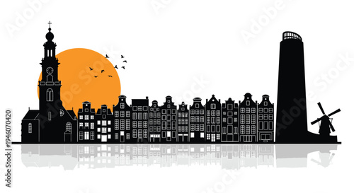 Vector city skyline silhouette with windmill and church tower