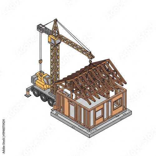 Modern 3d architecture illustration of a house and tower building under construction on an urban development site featuring industrial crane activity for engineering design and city structure work