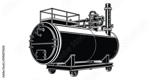 Detailed illustration of an industrial storage tank with piping and support structure