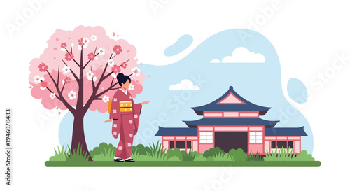 Japanese woman in traditional kimono standing under blooming cherry blossom tree near pagoda temple, serene spring season flat vector illustration perfect for travel and cultural festival themes