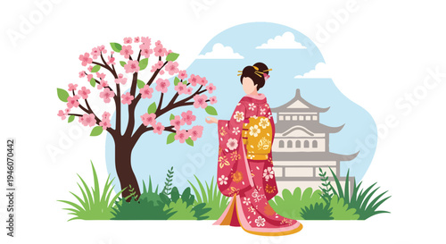 Japanese woman in traditional kimono standing under blooming cherry blossom tree near pagoda temple, serene spring season flat vector illustration perfect for travel and cultural festival themes