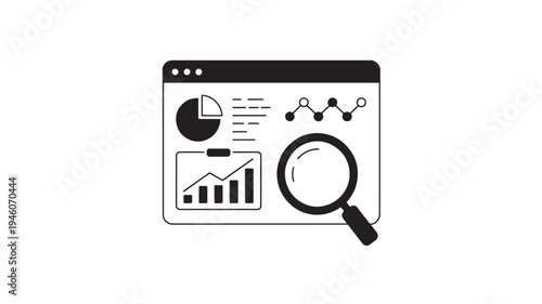 Data Analytics Dashboard Icon Browser Window With Magnifying Glass Charts Business Intelligence Vector Isolated on White