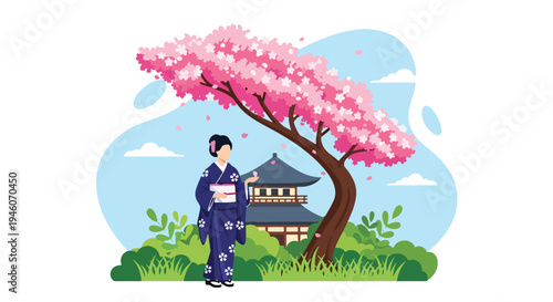 Japanese woman in traditional kimono standing under blooming cherry blossom tree near pagoda temple, serene spring season flat vector illustration perfect for travel and cultural festival themes