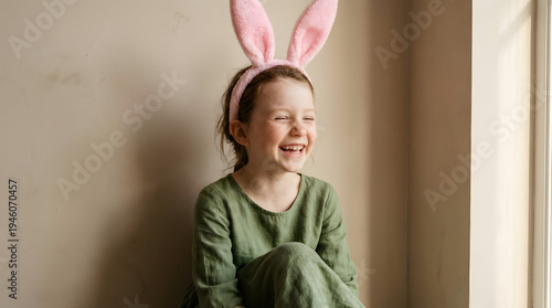 Happy Easter Celebration With smiling little girl wearing pink bunny ears sitting by window Easter
