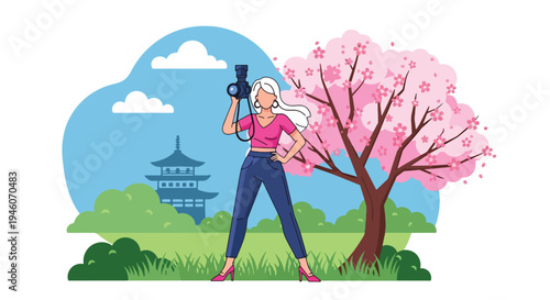 Young female tourist with camera enjoying cherry blossom season in Japan with castle background, colorful spring travel flat vector illustration ideal for tourism and festival promotion