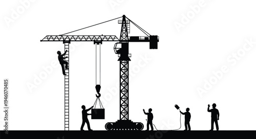 Construction crane vector illustration with workers