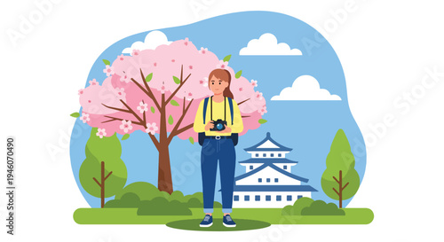 Young female tourist with camera enjoying cherry blossom season in Japan with castle background, colorful spring travel flat vector illustration ideal for tourism and festival promotion