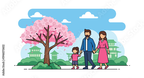 Happy family walking together under blooming cherry blossom tree in spring park, warm seasonal flat vector illustration ideal for parenting, holiday celebration and outdoor lifestyle themes