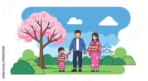 Happy family walking together under blooming cherry blossom tree in spring park, warm seasonal flat vector illustration ideal for parenting, holiday celebration and outdoor lifestyle themes