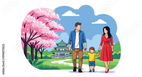 Happy family walking together under blooming cherry blossom tree in spring park, warm seasonal flat vector illustration ideal for parenting, holiday celebration and outdoor lifestyle themes