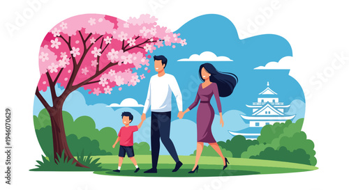 Happy family walking together under blooming cherry blossom tree in spring park, warm seasonal flat vector illustration ideal for parenting, holiday celebration and outdoor lifestyle themes