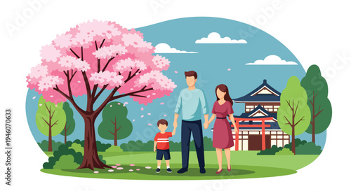 Happy family walking together under blooming cherry blossom tree in spring park, warm seasonal flat vector illustration ideal for parenting, holiday celebration and outdoor lifestyle themes
