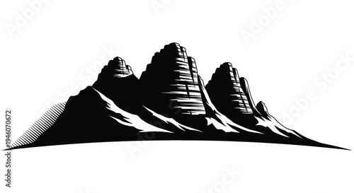 Stylized black and white illustration of jagged mountain peaks and a snow covered base