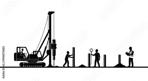 Vector illustration of construction workers and drilling equipment