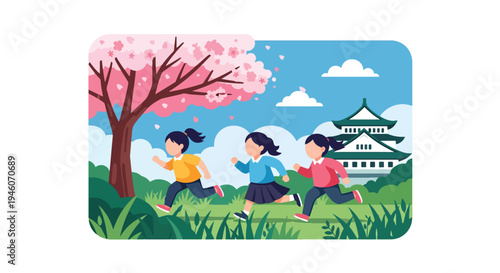 Children running and playing under blooming cherry blossom tree in vibrant spring park scene, joyful seasonal flat vector illustration perfect for education and festival themes