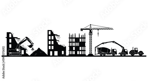 Set of 7 construction icons vector, black silhouette