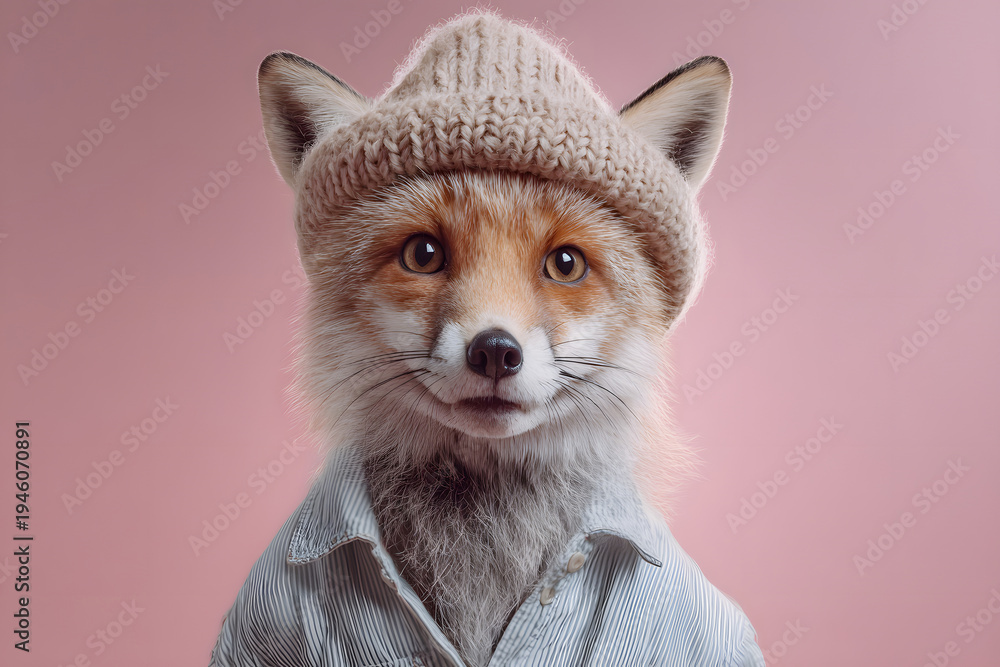 Fototapeta premium Fox in a knit hat with a shirt poses against a pink background during a creative photoshoot