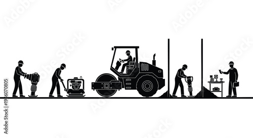 Set of 6 construction workers with tractor and tools vector