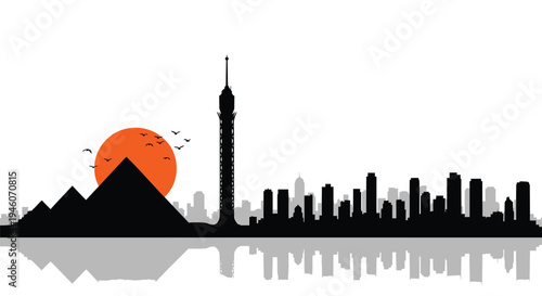 Vector city skyline silhouette with pyramids and tower at sunset