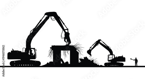 Silhouette of excavators demolishing building with worker, vector illustration