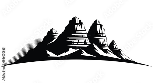 Stylized black and white illustration of jagged mountain peaks and a grassy base