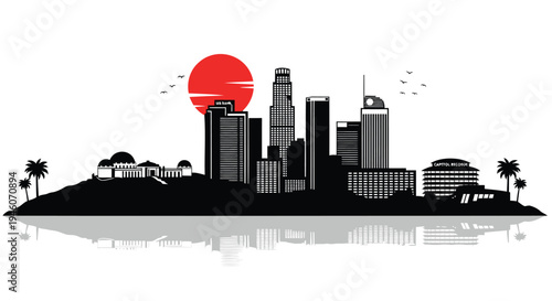 Vector city skyline with palm trees and sunset