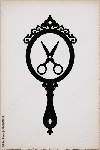 Silhouettes of Hand Mirror and Scissors on Light Background