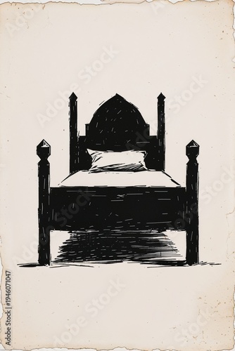 Silhouette of an Antique Bed on Light Background