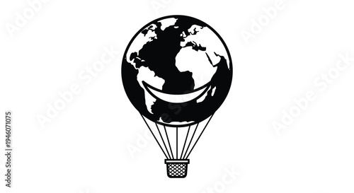 A black and white illustration of earth shaped like a hot air balloon