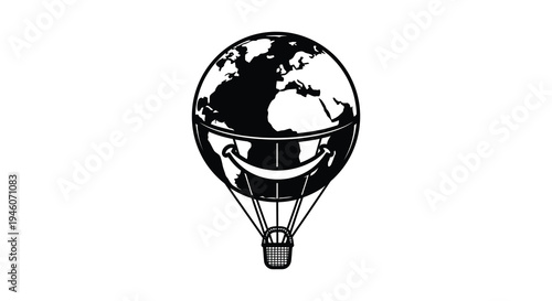 A black and white illustration of earth encased in a hot air balloon