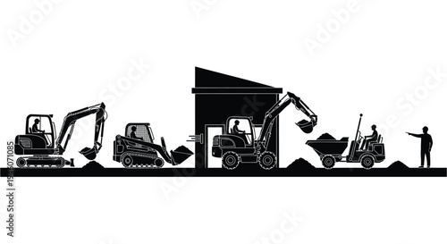 Set of 5 construction vehicles and worker silhouettes vector
