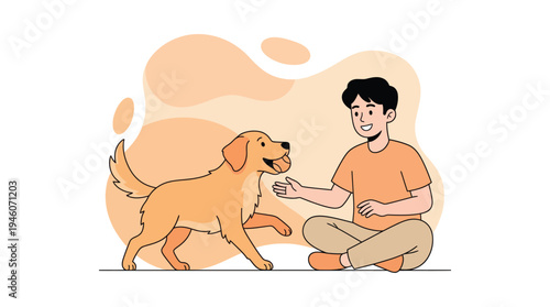 Happy Young Man Playing with His Adorable Golden Retriever Dog, Showing Love and Companionship