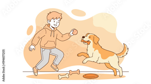 Happy Young Boy Playing with His Joyful Golden Retriever Dog, Holding a Ball in a Fun Outdoor Activity Illustration