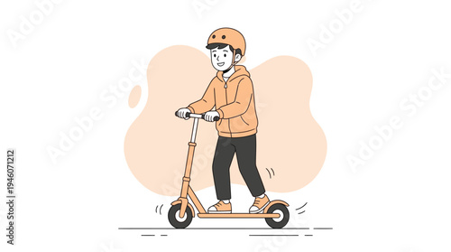 Smiling Young Man in Helmet and Hoodie Enjoying a Ride on Modern Kick Scooter. Active Urban Leisure Activity for Youth Illustration.