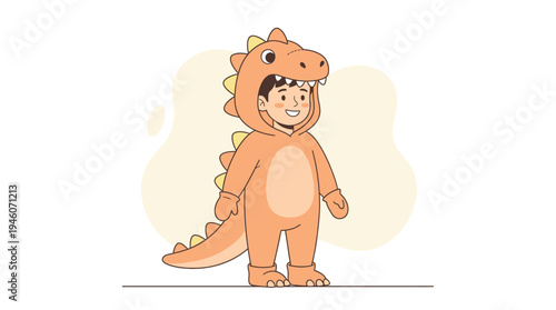 A cheerful boy happily posing in a vibrant orange dinosaur costume, embodying childlike joy and imaginative play.