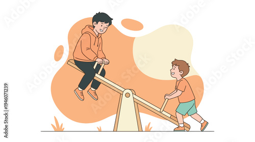 Happy young boys playing on a seesaw, enjoying carefree moments and friendship outdoors in an animated park illustration.