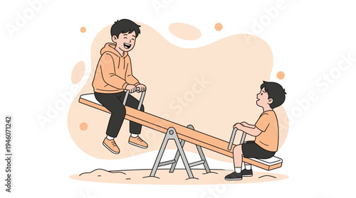 Two Happy Young Boys Playing Together on a Seesaw in a Playground, Enjoying Childhood Fun and Friendship. Joyful Kids Illustration.