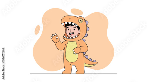 Cheerful Little Boy Dressed in a Bright Orange Dinosaur Costume Happily Waving, a Playful Cartoon Vector Illustration with a Simple Background.