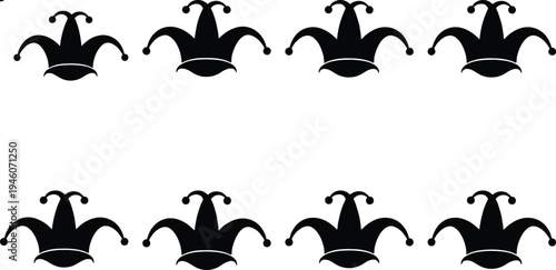 Vector illustration of a repeating pattern featuring black jester hats with bells, ideal for graphic design.
