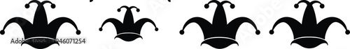 A row of black jester hats with bells, isolated on a white background, suitable for graphic design elements.