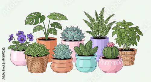 A colorful illustration of various potted plants and succulents in different pots