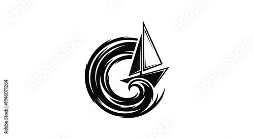 Black and white illustration of a sailboat within a swirling wave design