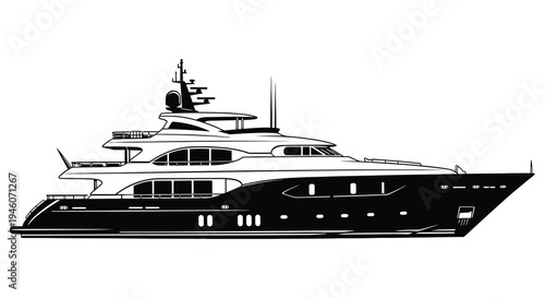 Stylized black and white illustration of a large modern luxury yacht at sea