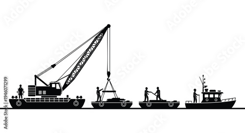 Set of 4 industrial tugboats and crane vector silhouettes