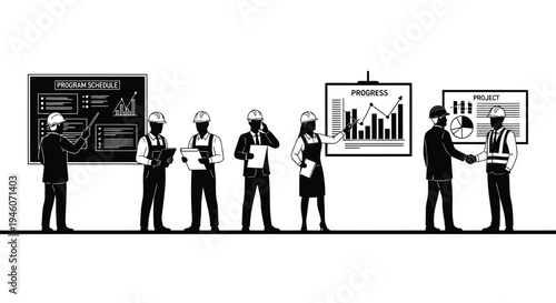Set of 7 business people discussing charts and graphs vector