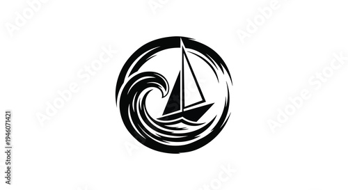 Black and white circular design featuring a sailboat navigating a swirling wave