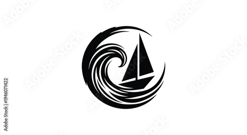 A stylized black silhouette of a sailboat navigating a swirling ocean wave