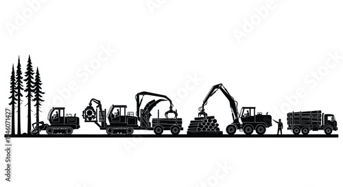 Set of 7 heavy industry machines and vehicles vector silhouettes