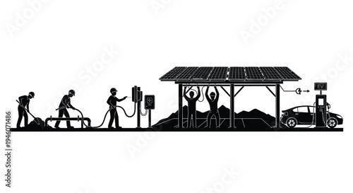 Vector illustration of solar panel installation and construction workers